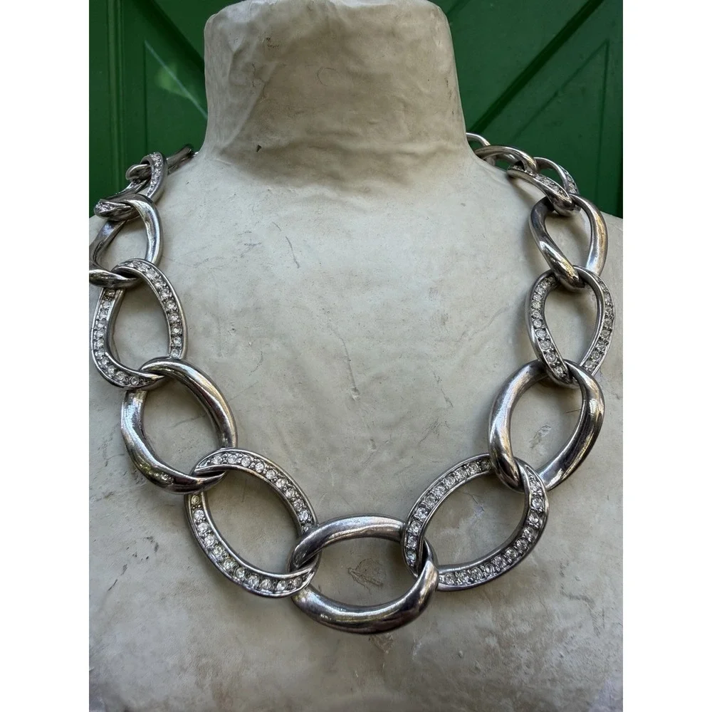 Rhinestone Silver Tone Chunky Chain Link Necklace with‎ Extender Glam Edgy Event - Picture 3 of 9